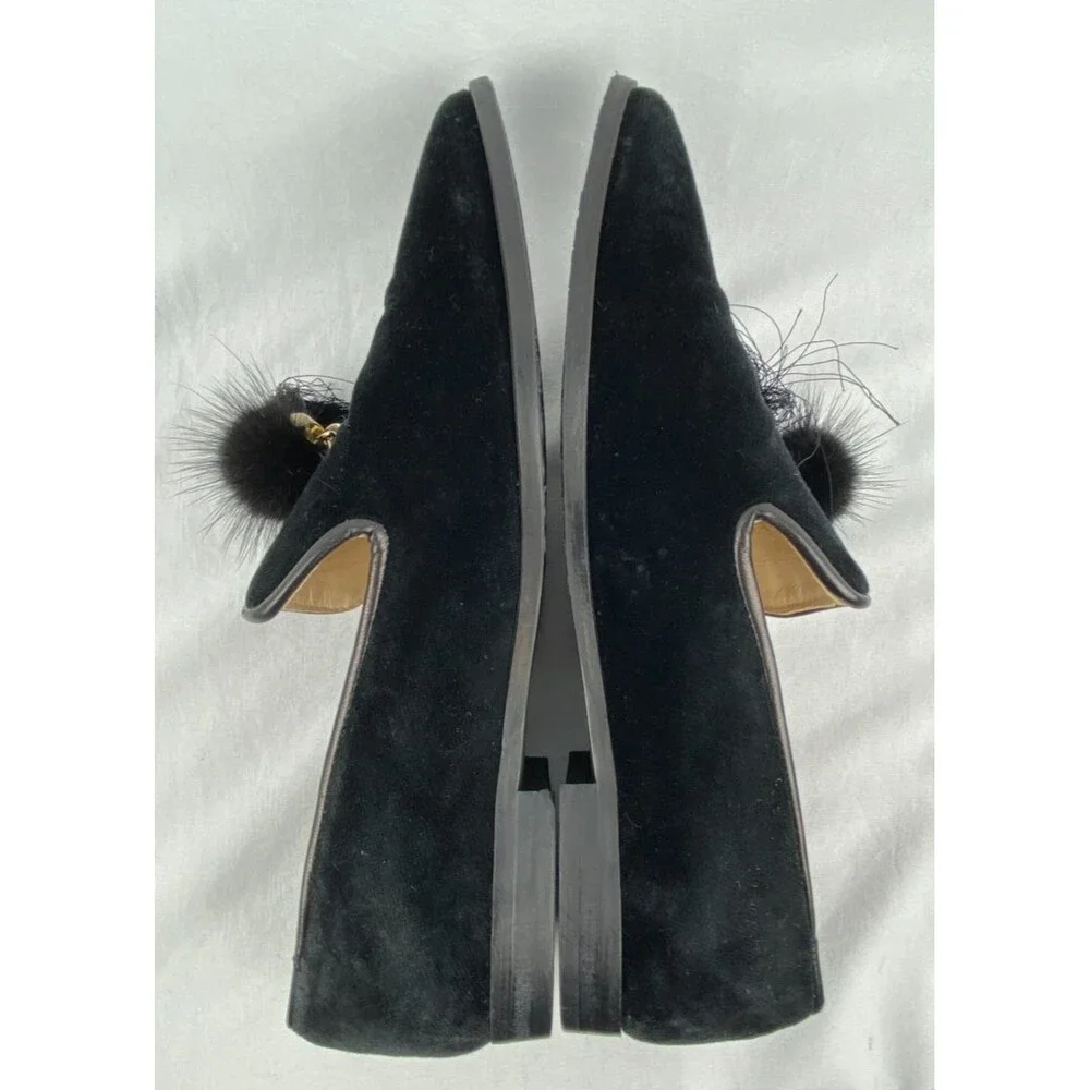 JON JOSEF Blair Loafers Women 6M Black Velvet Rabbit Fur Pom Spain Blair Waldorf